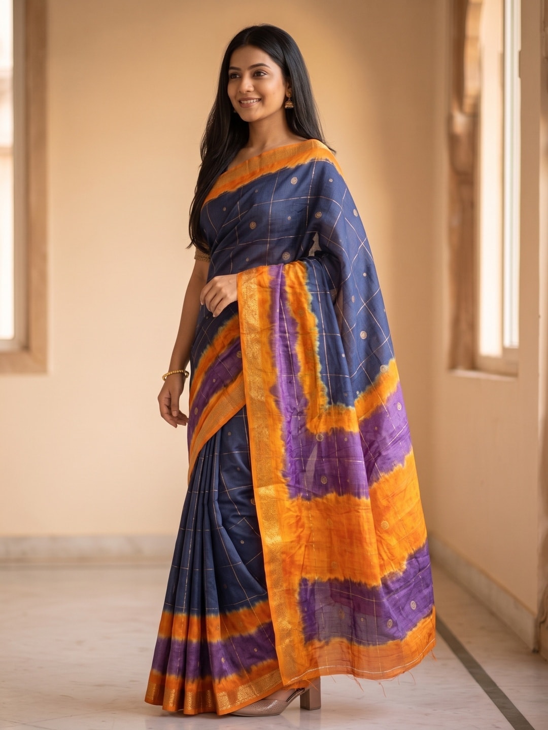 Peachmode Navy Blue Pure Cotton Silk Saree With Bentex Jacquard And Shiburi Tie-Dye Print - Image 3