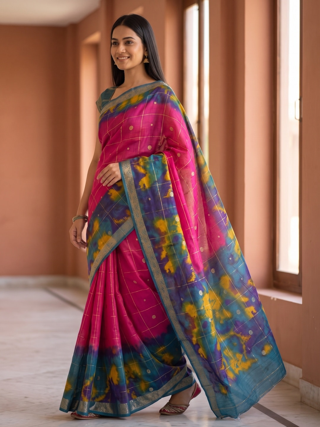 Peachmode Rani Pure Cotton Silk Saree With Bentex Jacquard And Shiburi Tie-Dye Print - Image 3