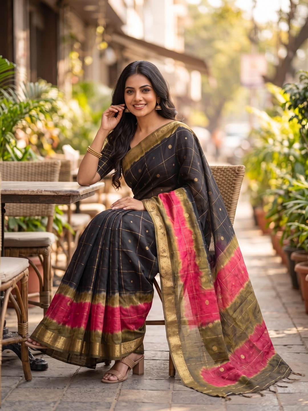 Peachmode Black Pure Cotton Silk Saree With Bentex Jacquard And Shiburi Tie-Dye Print - Image 4