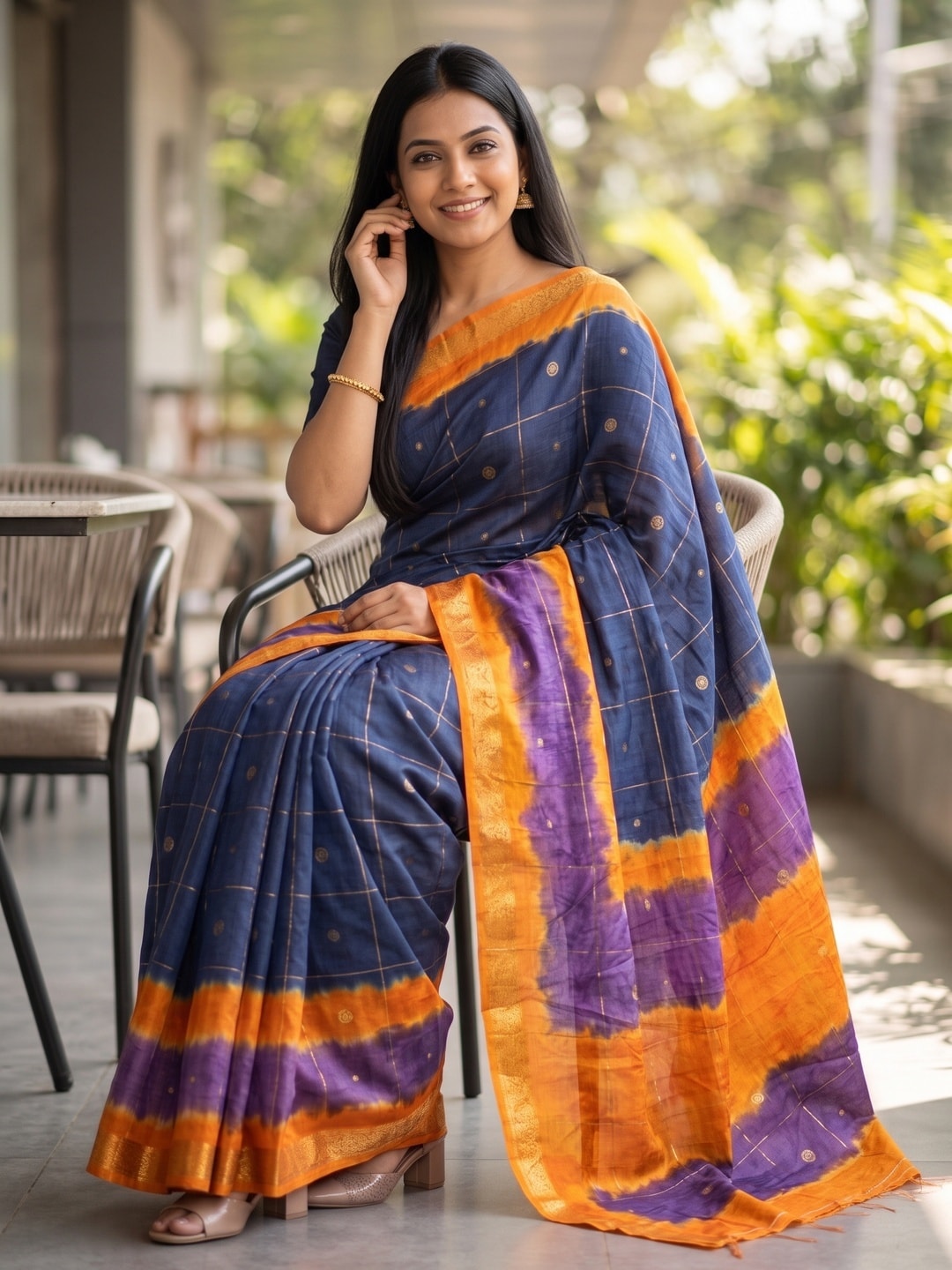 Peachmode Navy Blue Pure Cotton Silk Saree With Bentex Jacquard And Shiburi Tie-Dye Print - Image 4