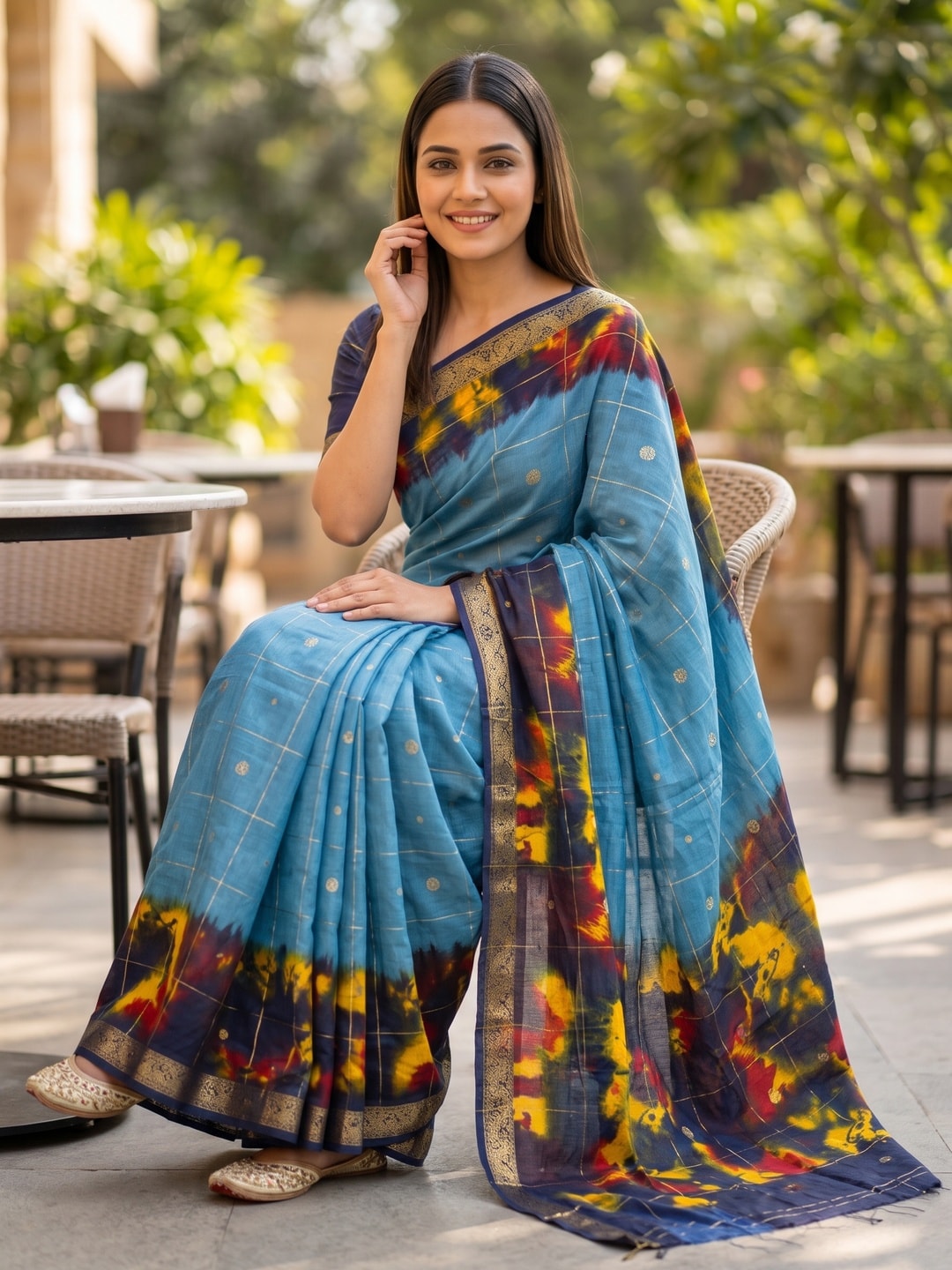 Peachmode Sky Blue Pure Cotton Silk Saree With Bentex Jacquard And Shiburi Tie-Dye Print - Image 4