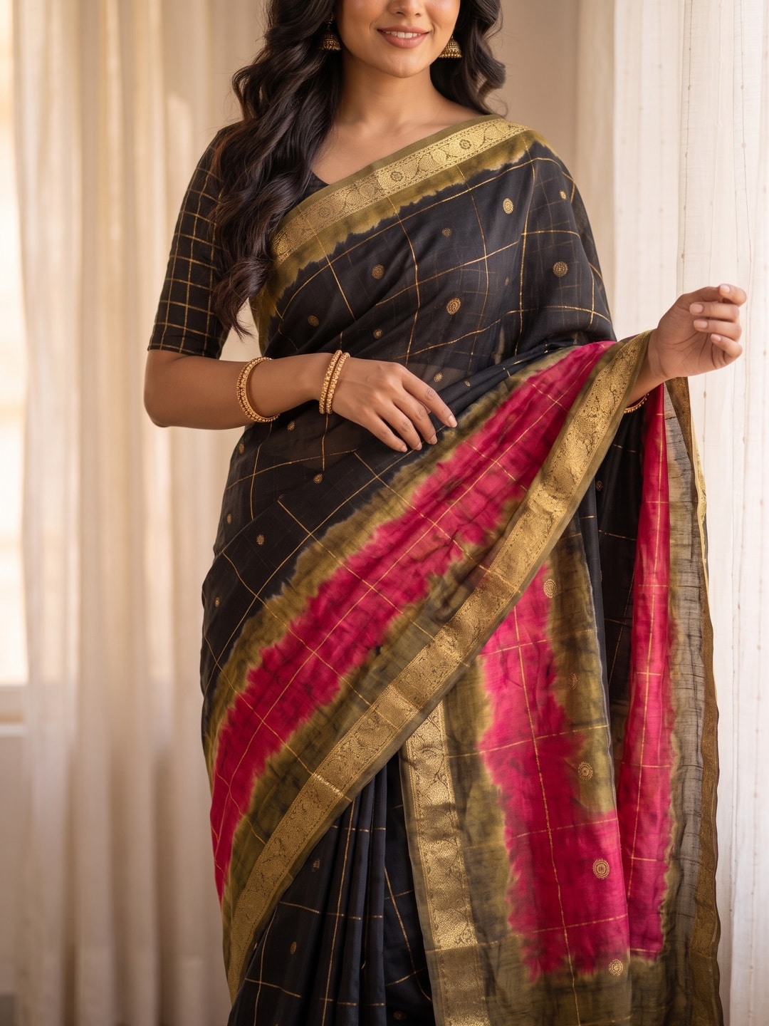 Peachmode Black Pure Cotton Silk Saree With Bentex Jacquard And Shiburi Tie-Dye Print - Image 5