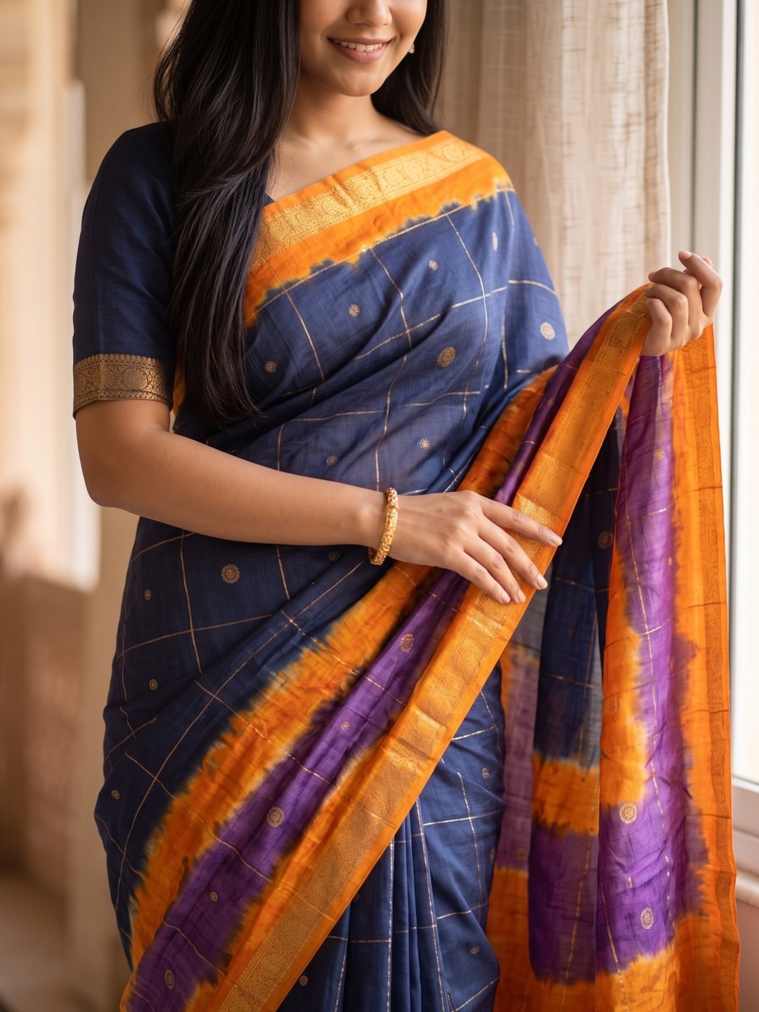 Peachmode Navy Blue Pure Cotton Silk Saree With Bentex Jacquard And Shiburi Tie-Dye Print - Image 5