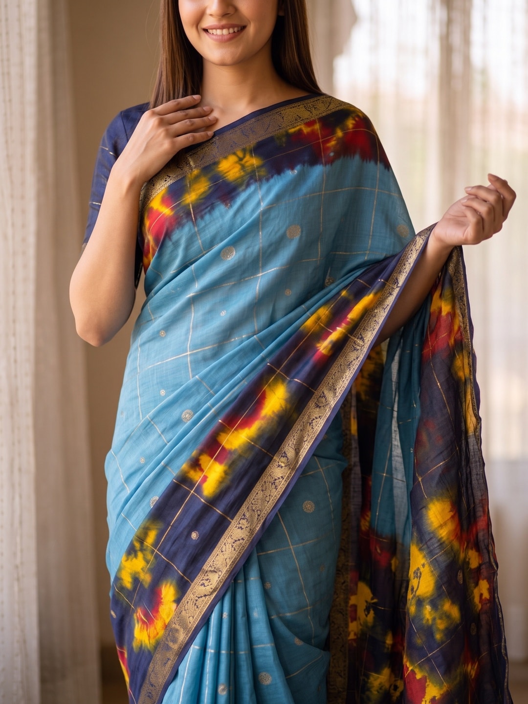 Peachmode Sky Blue Pure Cotton Silk Saree With Bentex Jacquard And Shiburi Tie-Dye Print - Image 5