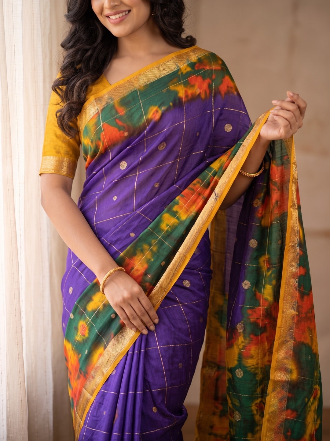 Peachmode Violet Pure Cotton Silk Saree With Bentex Jacquard And Shiburi Tie-Dye Print - Image 5