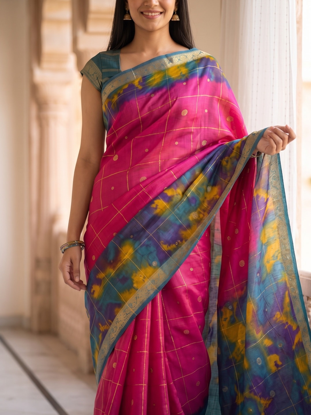Peachmode Rani Pure Cotton Silk Saree With Bentex Jacquard And Shiburi Tie-Dye Print - Image 5