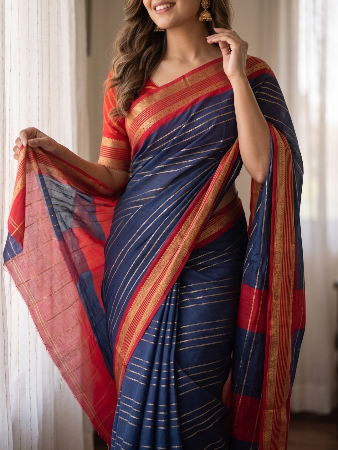 Peachmode Navy Blue Pure Crepe Silk Saree With Jacquard And Dyed Colour Block Border Concept - Image 5