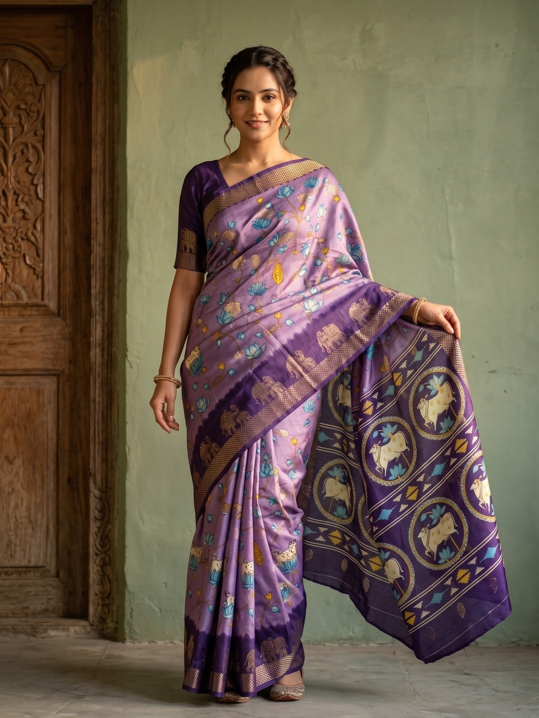 Peachmode Lavender Pure Cotton Silk Saree With Kalamkari Jacquard And Lotus Print Cow Medallion Pallu - Image 1
