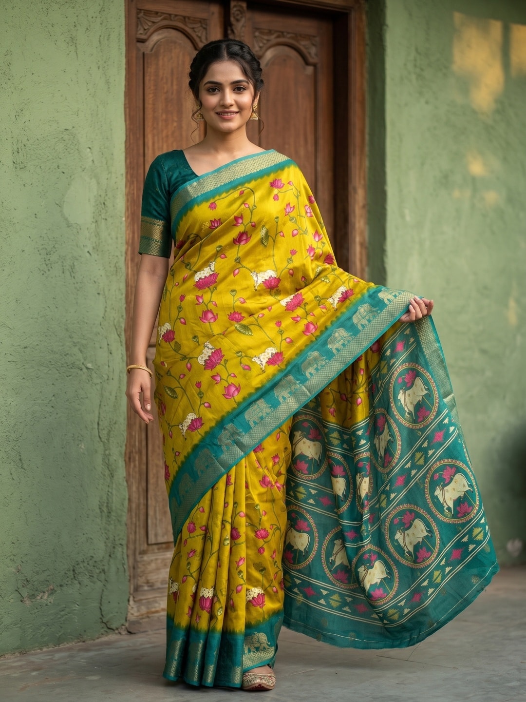 Peachmode Yellow Pure Cotton Silk Saree With Kalamkari Jacquard And Lotus Print Cow Medallion Pallu - Image 1
