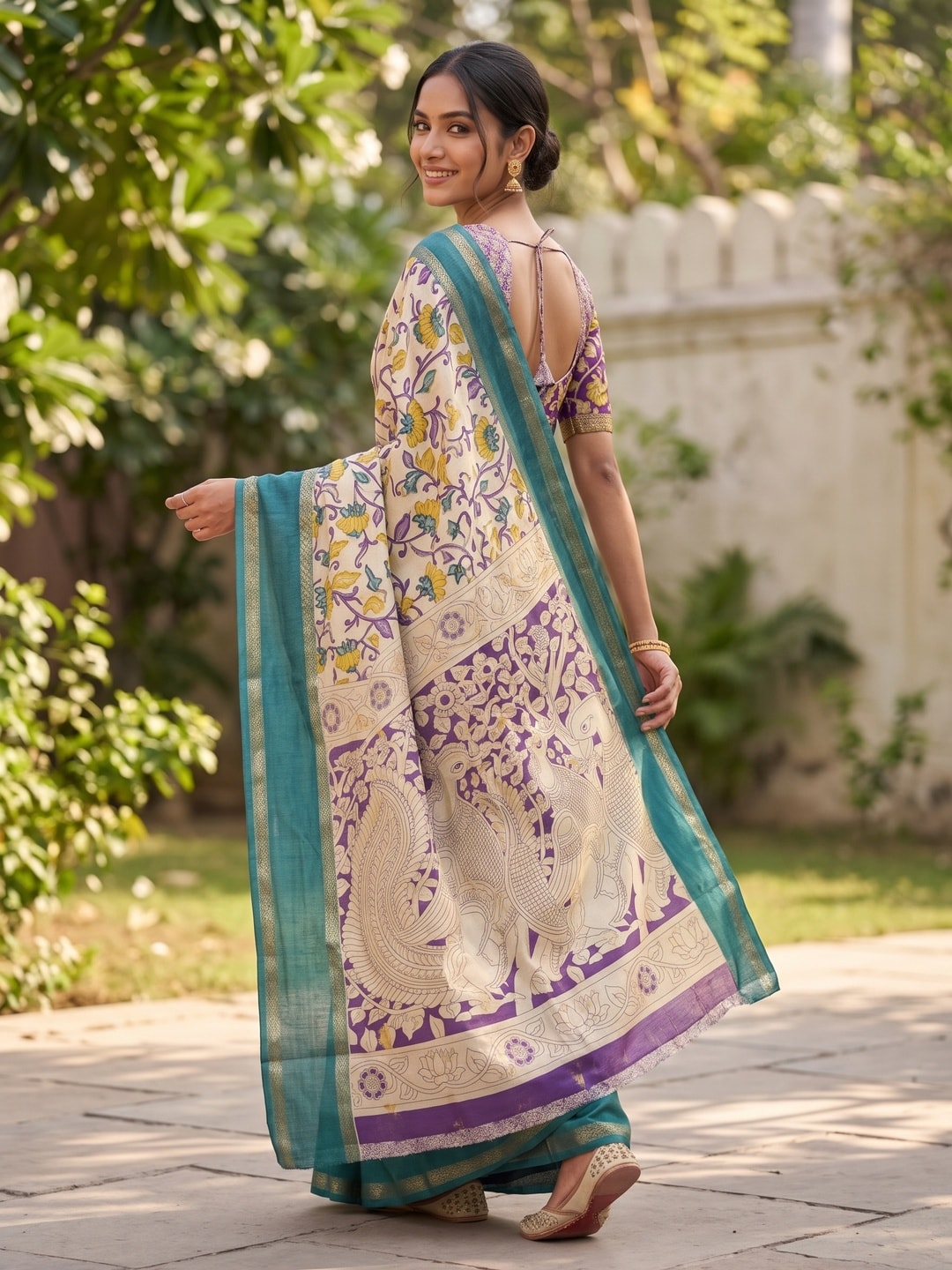 Peachmode Teal Pure Cotton Silk Saree With Bentex Jacquard And Chennur Kalamkari Floral Print - Image 2