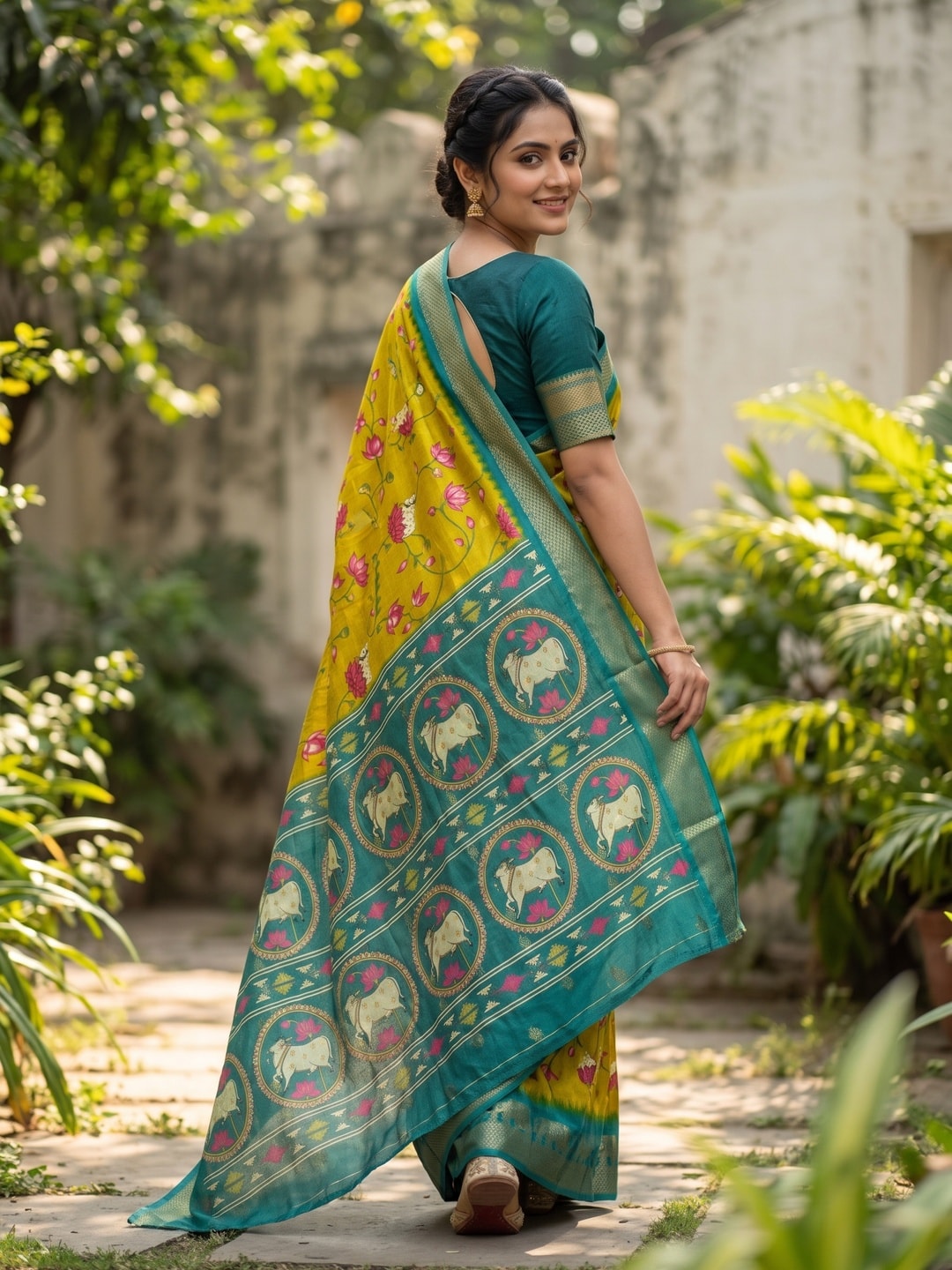 Peachmode Yellow Pure Cotton Silk Saree With Kalamkari Jacquard And Lotus Print Cow Medallion Pallu - Image 2