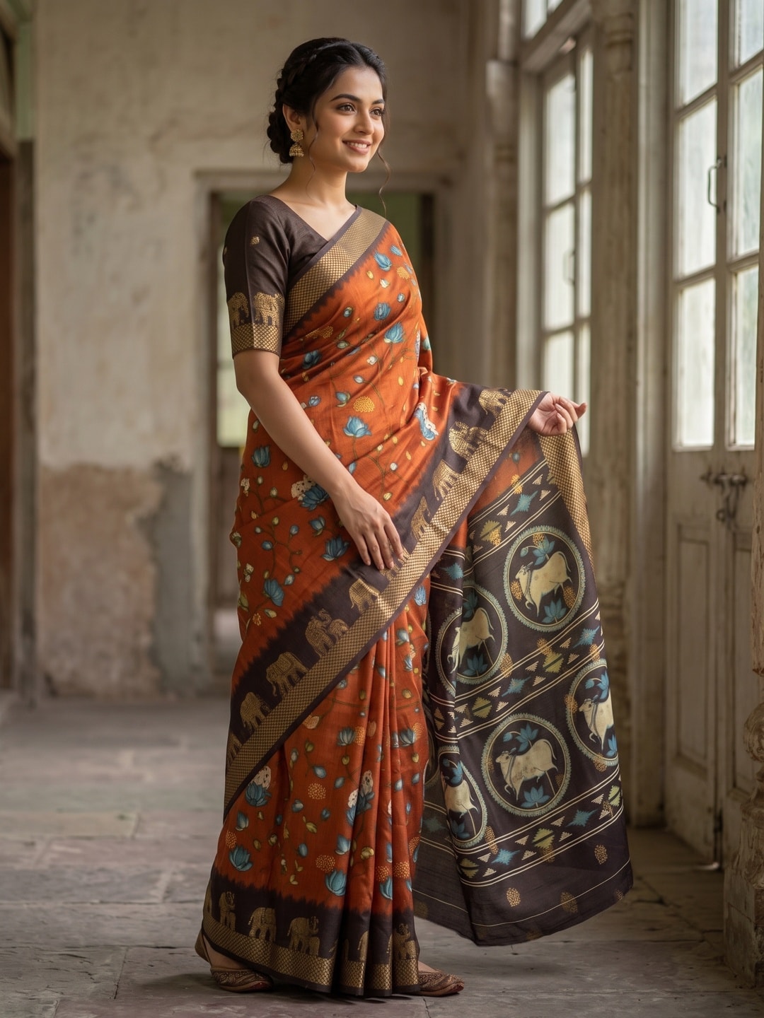 Peachmode Orange Pure Cotton Silk Saree With Kalamkari Jacquard And Lotus Print Cow Medallion Pallu - Image 3
