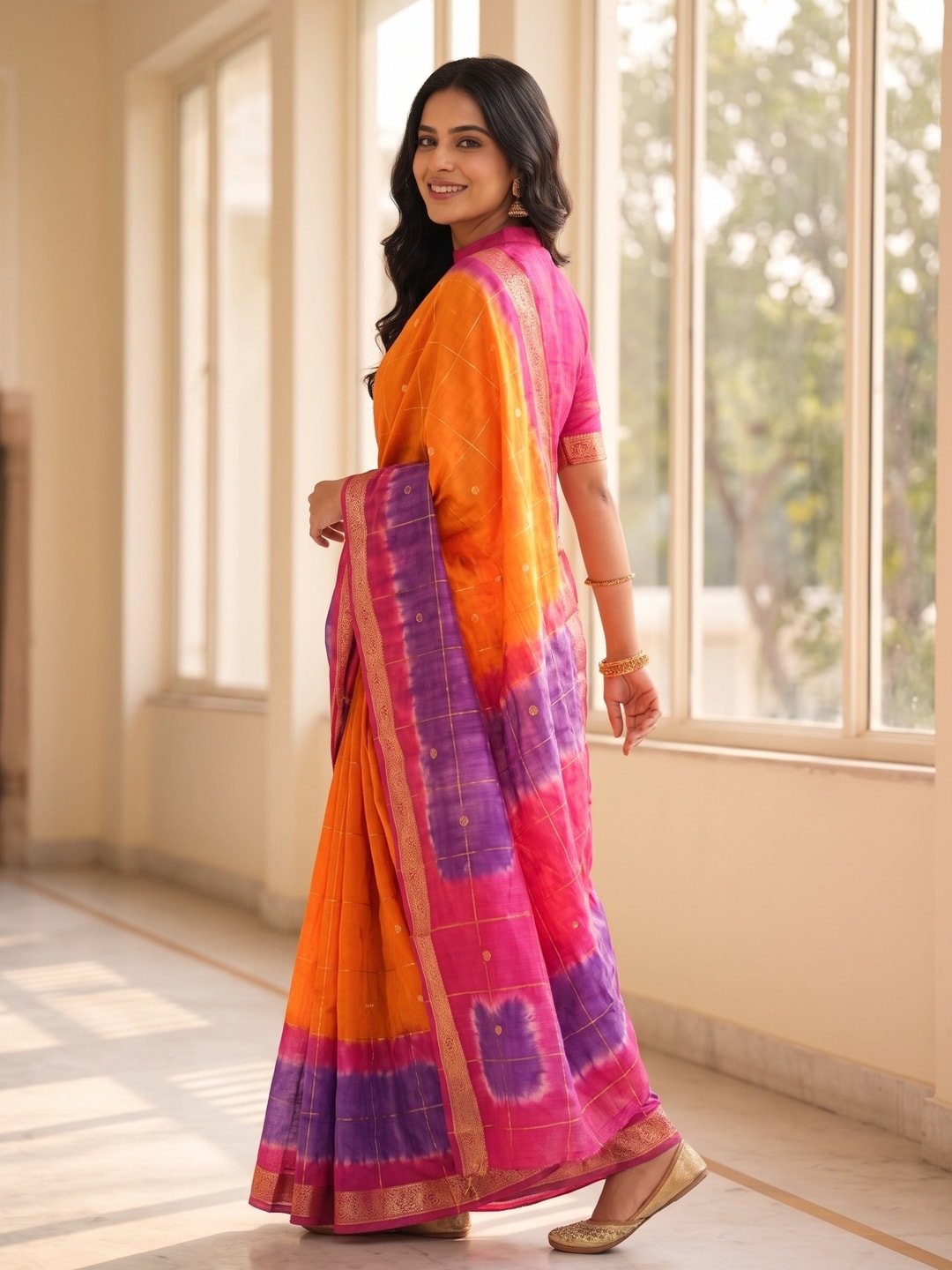 Peachmode Orange Pure Cotton Silk Saree With Bentex Jacquard And Shiburi Tie-Dye Print - Image 3