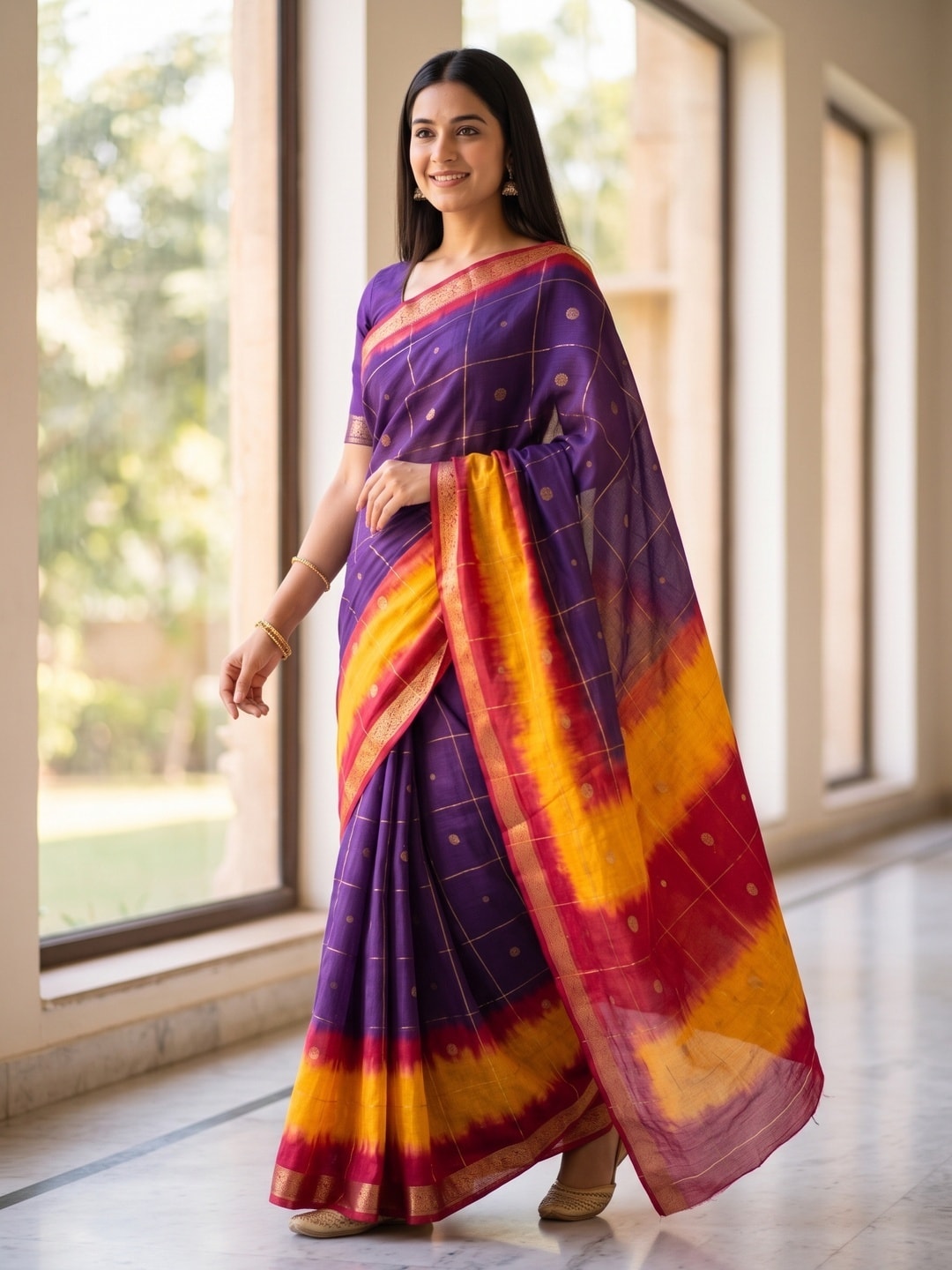 Peachmode Purple Pure Cotton Silk Saree With Bentex Jacquard And Shiburi Tie-Dye Print - Image 3