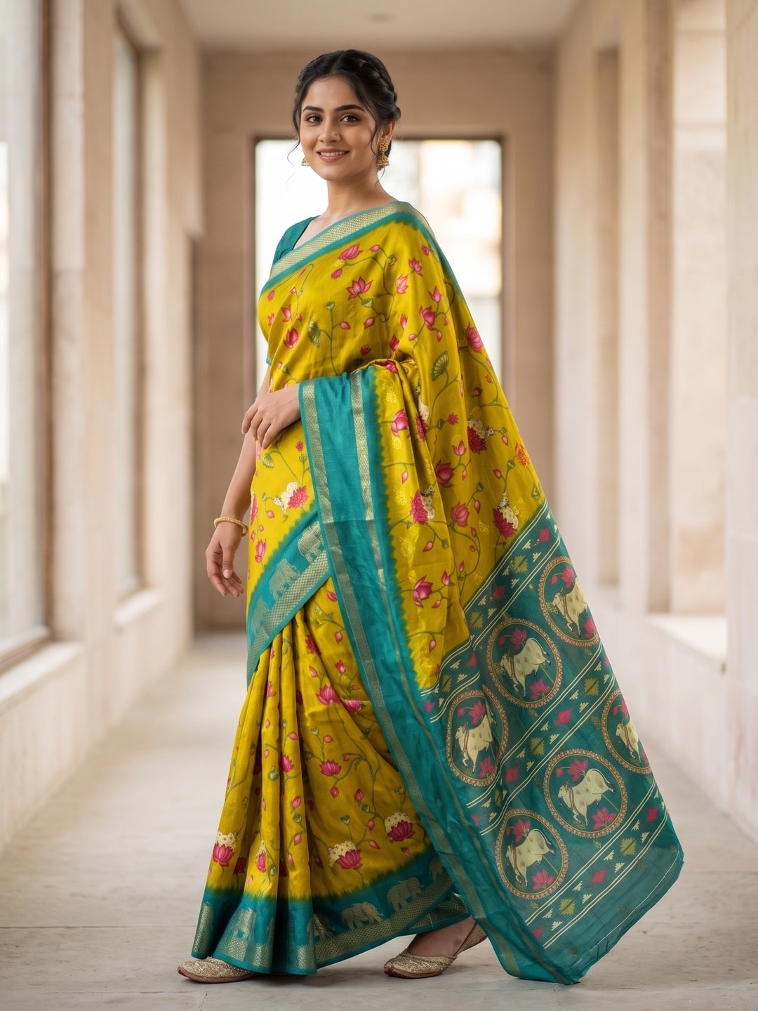 Peachmode Yellow Pure Cotton Silk Saree With Kalamkari Jacquard And Lotus Print Cow Medallion Pallu - Image 3