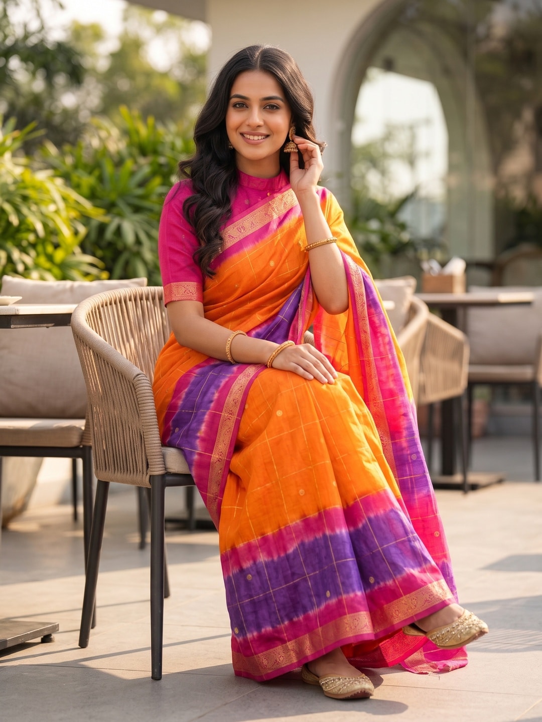 Peachmode Orange Pure Cotton Silk Saree With Bentex Jacquard And Shiburi Tie-Dye Print - Image 4