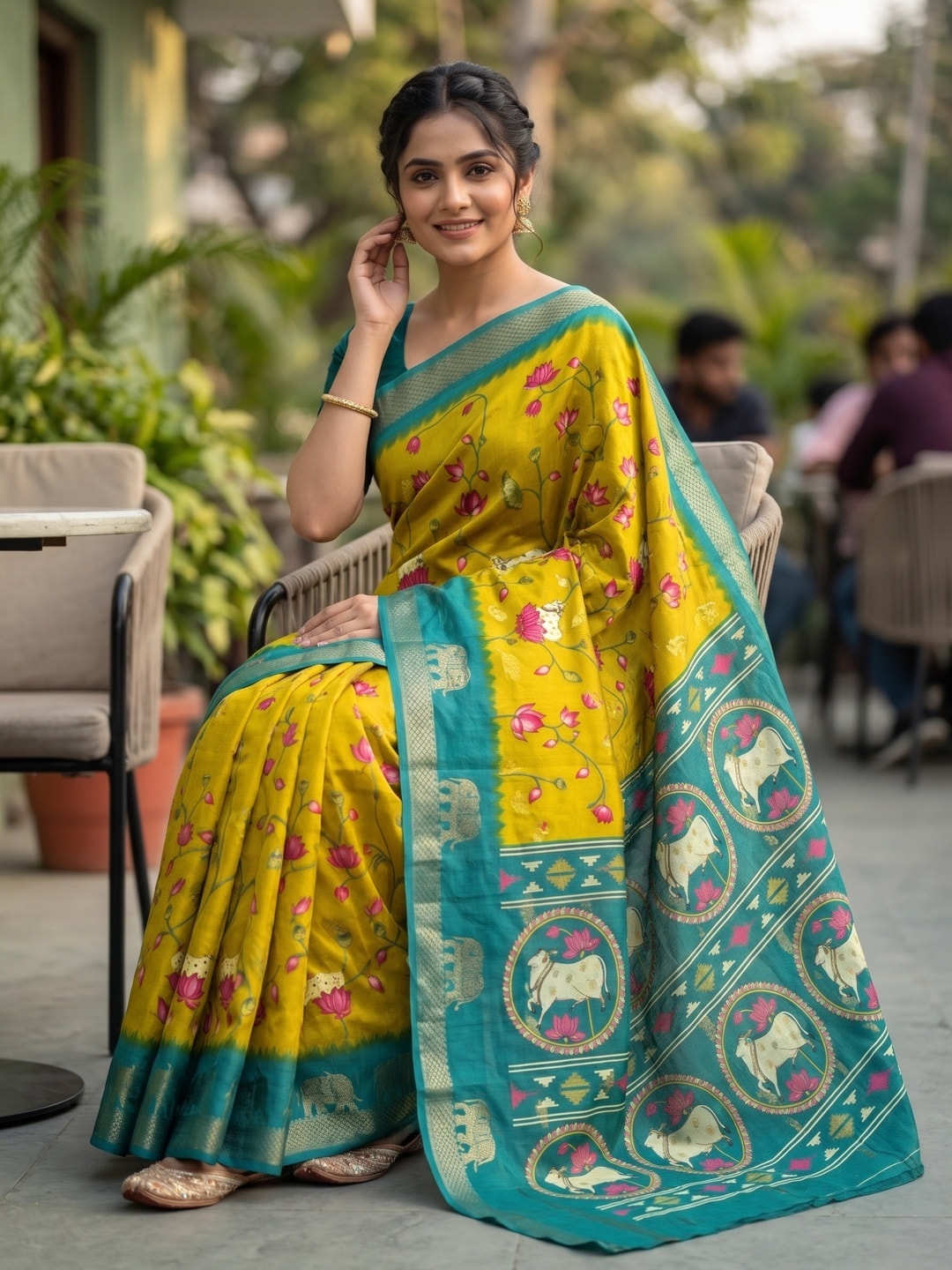 Peachmode Yellow Pure Cotton Silk Saree With Kalamkari Jacquard And Lotus Print Cow Medallion Pallu - Image 4