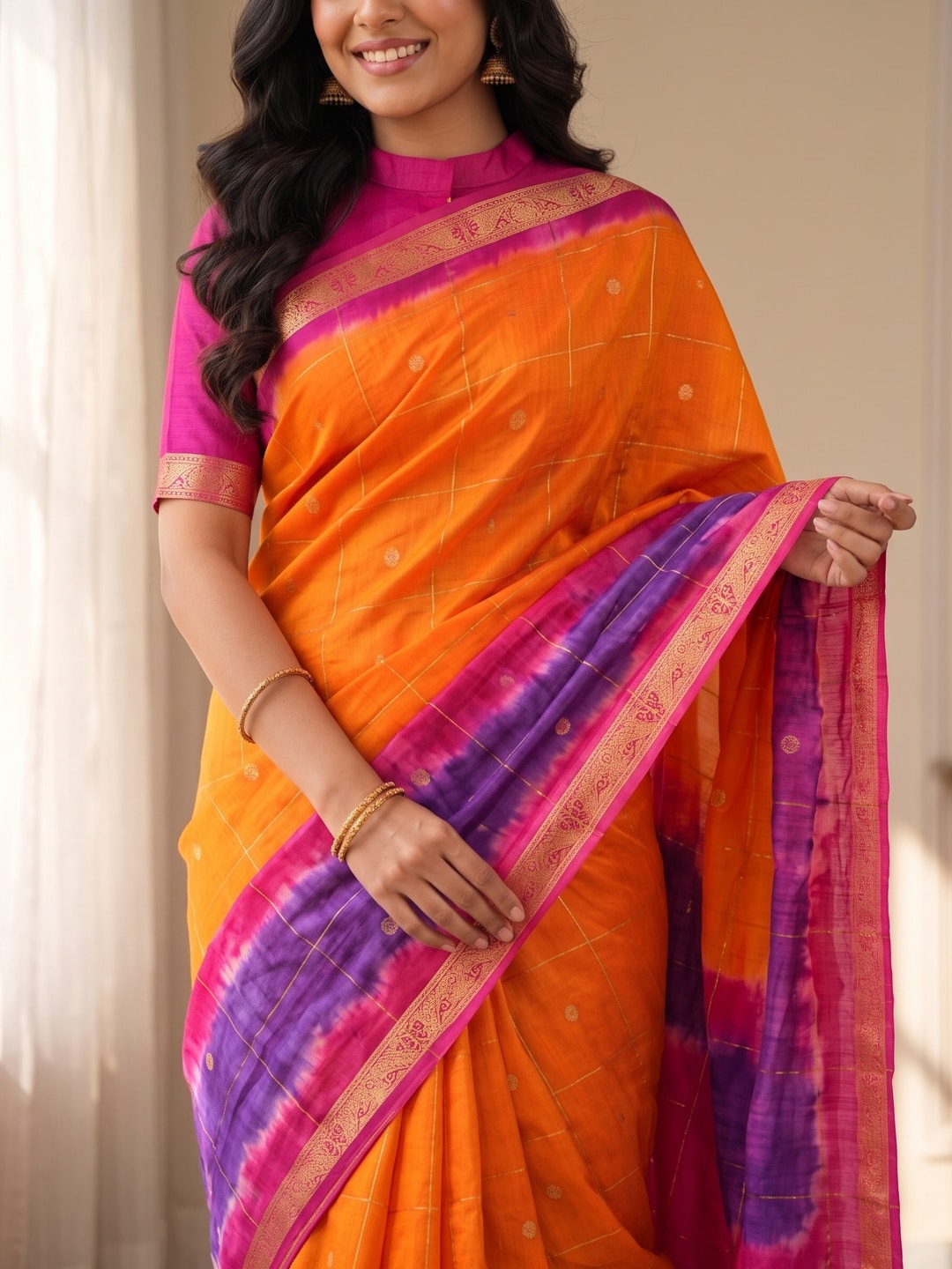 Peachmode Orange Pure Cotton Silk Saree With Bentex Jacquard And Shiburi Tie-Dye Print - Image 5