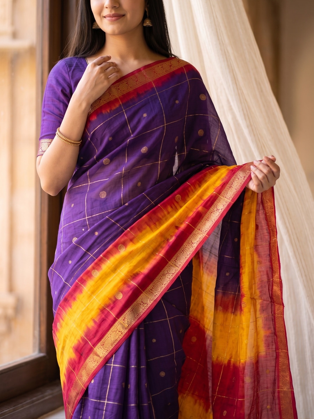 Peachmode Purple Pure Cotton Silk Saree With Bentex Jacquard And Shiburi Tie-Dye Print - Image 5