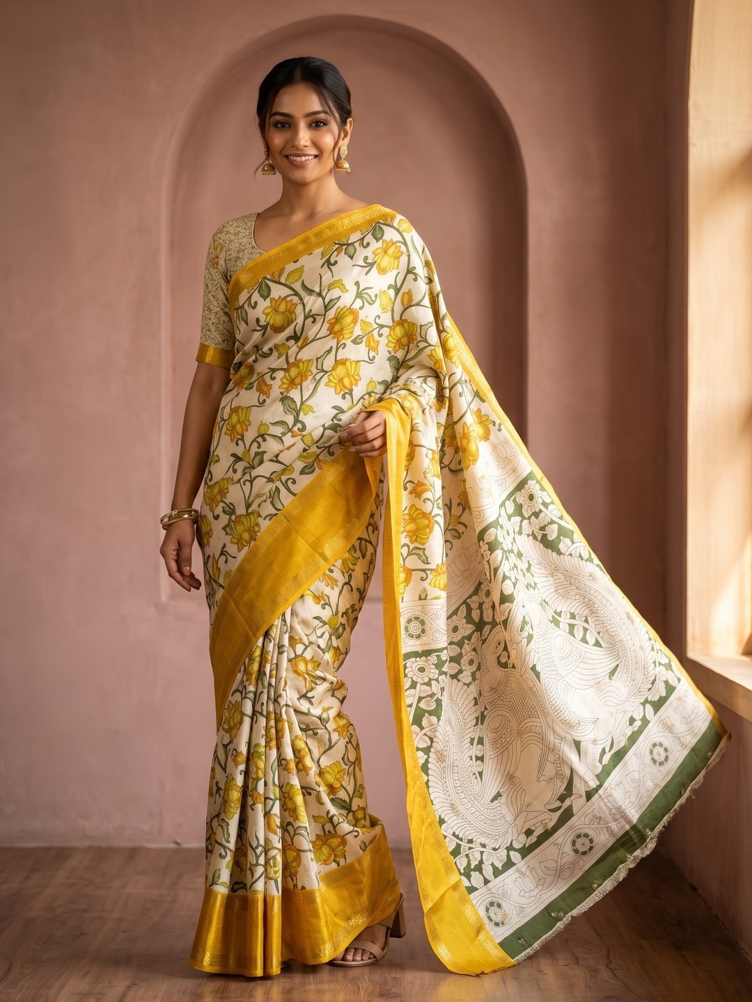 Peachmode Mustard Pure Cotton Silk Saree With Bentex Jacquard And Chennur Kalamkari Floral Print - Image 1