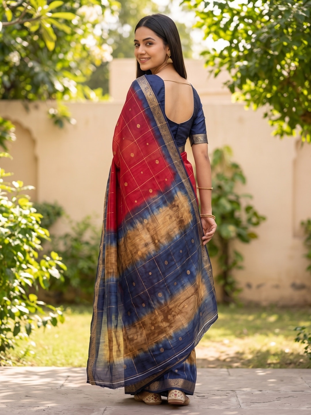 Peachmode Crimson Pure Cotton Silk Saree With Bentex Jacquard And Shiburi Tie-Dye Print - Image 2