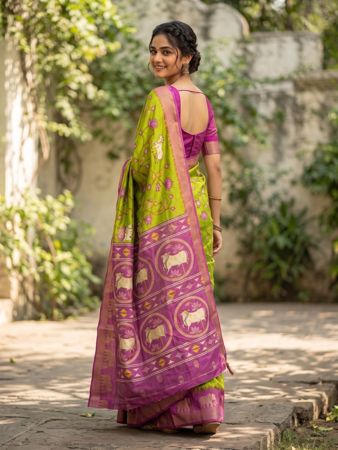 Peachmode Lime Green Pure Cotton Silk Saree With Kalamkari Jacquard And Lotus Print Cow Medallion Pallu - Image 2