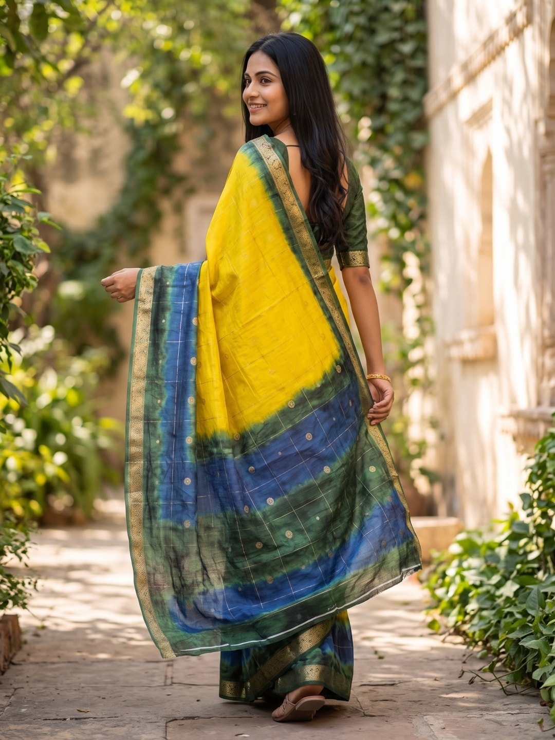 Peachmode Yellow Pure Cotton Silk Saree With Bentex Jacquard And Shiburi Tie-Dye Print - Image 2