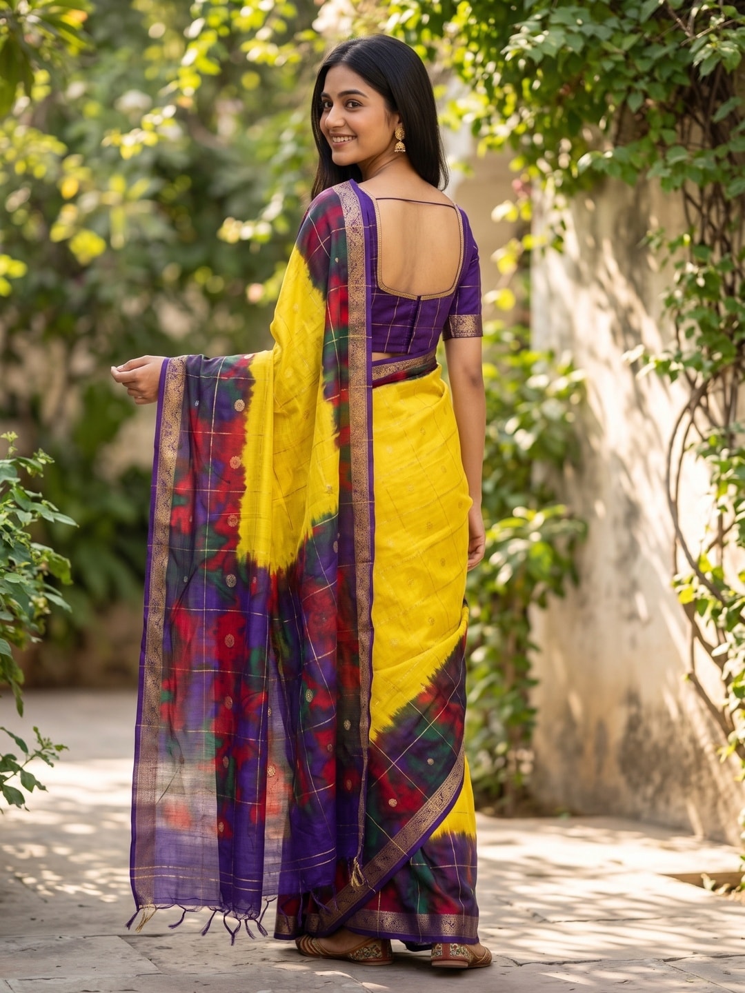 Peachmode Lemon Yellow Pure Cotton Silk Saree With Bentex Jacquard And Shiburi Tie-Dye Print - Image 2