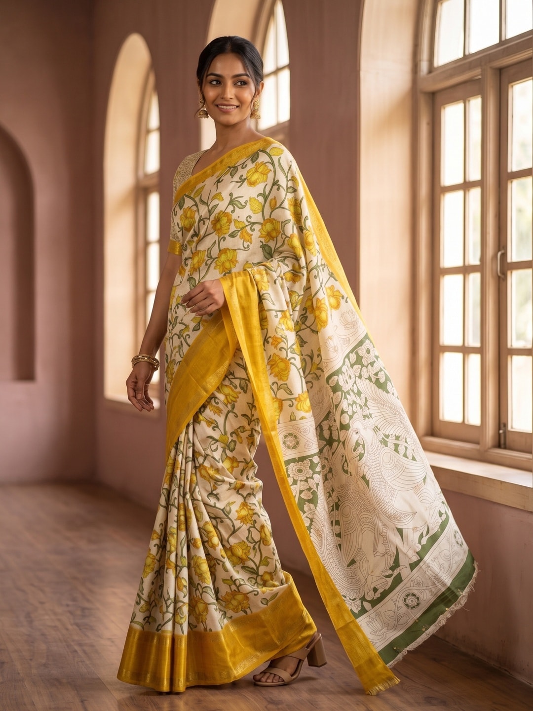 Peachmode Mustard Pure Cotton Silk Saree With Bentex Jacquard And Chennur Kalamkari Floral Print - Image 3
