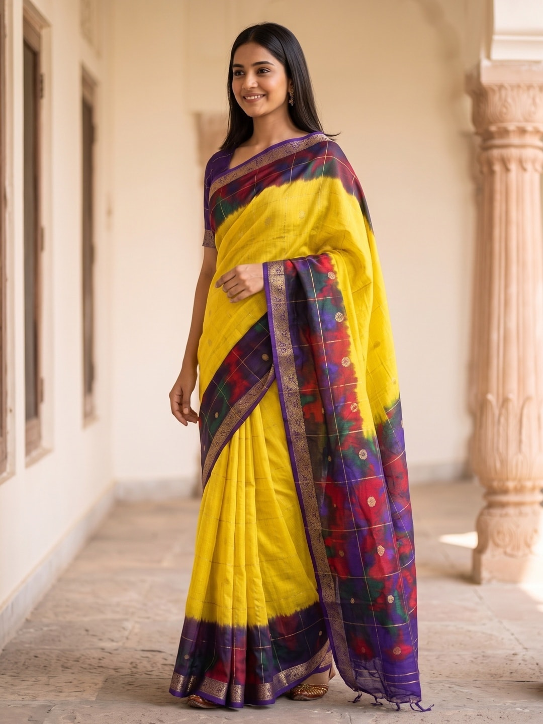 Peachmode Lemon Yellow Pure Cotton Silk Saree With Bentex Jacquard And Shiburi Tie-Dye Print - Image 3