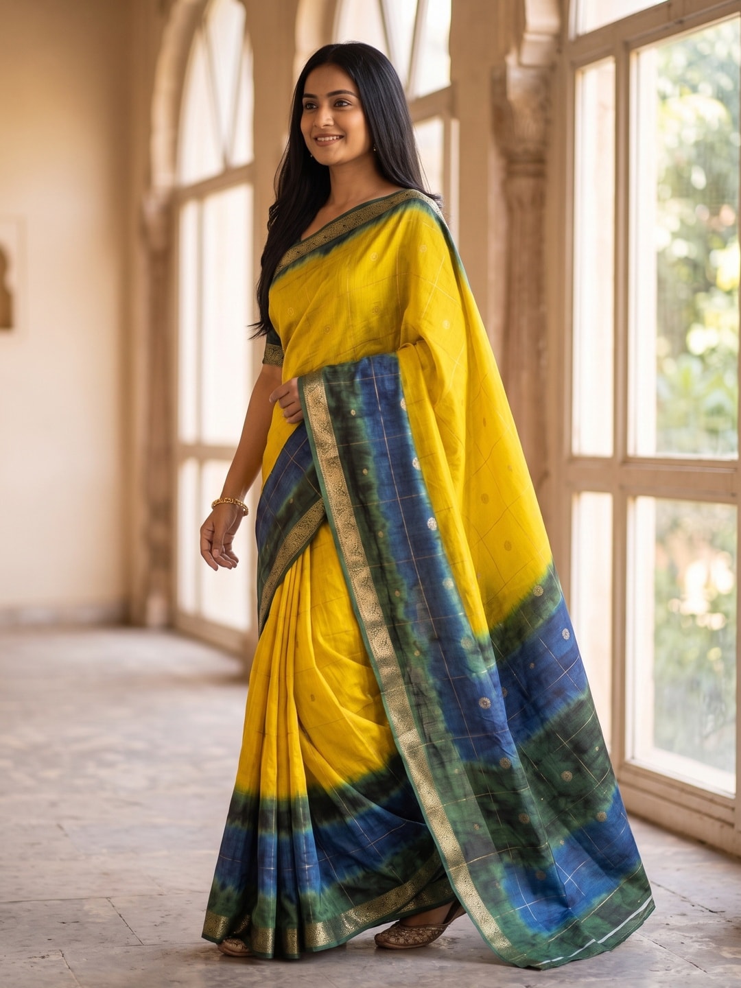 Peachmode Yellow Pure Cotton Silk Saree With Bentex Jacquard And Shiburi Tie-Dye Print - Image 3