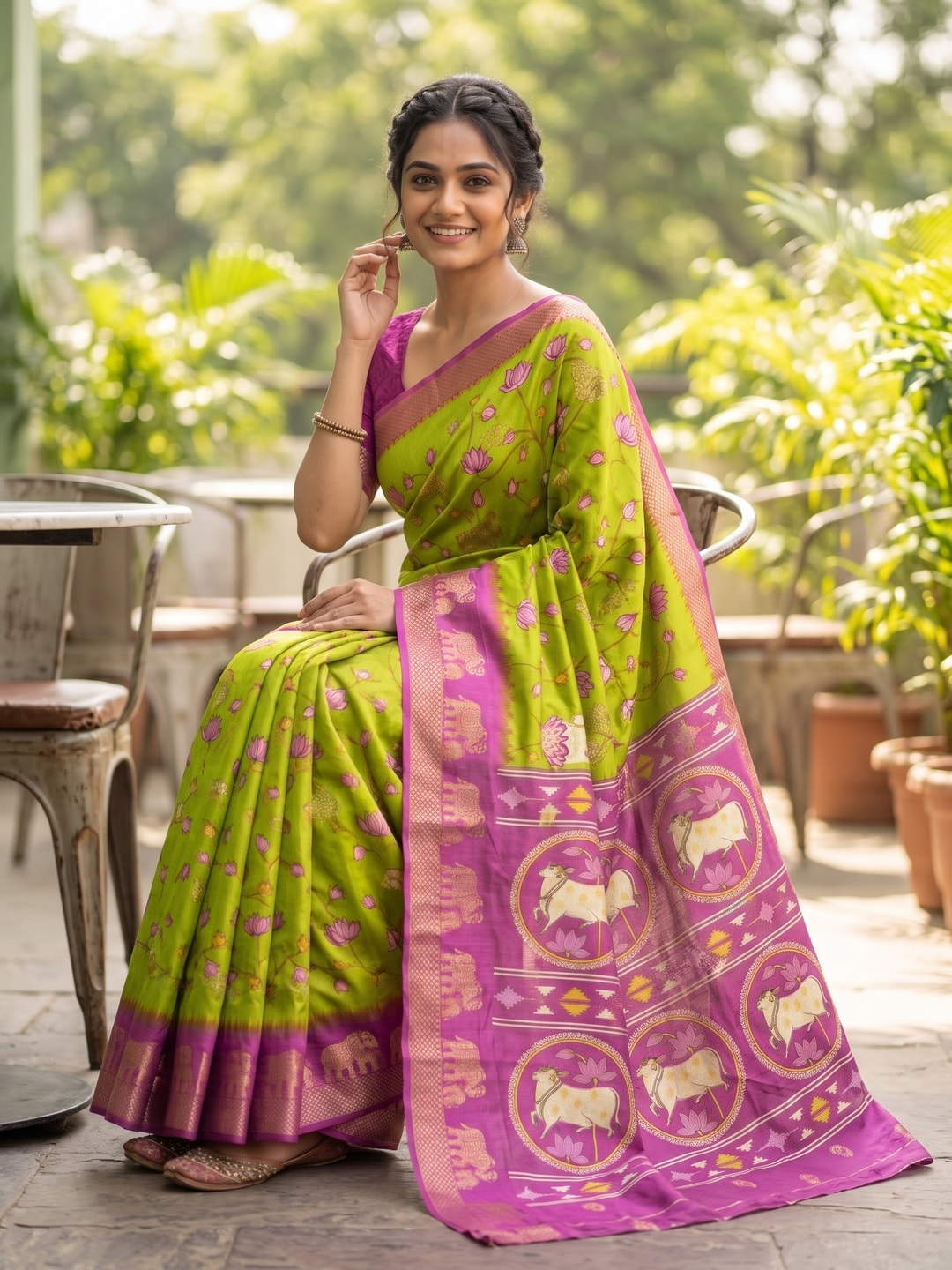 Peachmode Lime Green Pure Cotton Silk Saree With Kalamkari Jacquard And Lotus Print Cow Medallion Pallu - Image 4