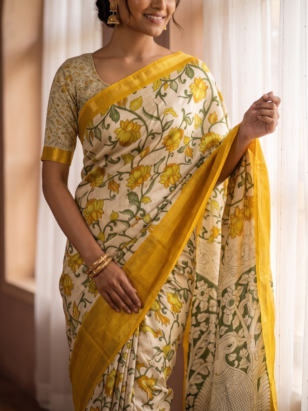 Peachmode Mustard Pure Cotton Silk Saree With Bentex Jacquard And Chennur Kalamkari Floral Print - Image 5