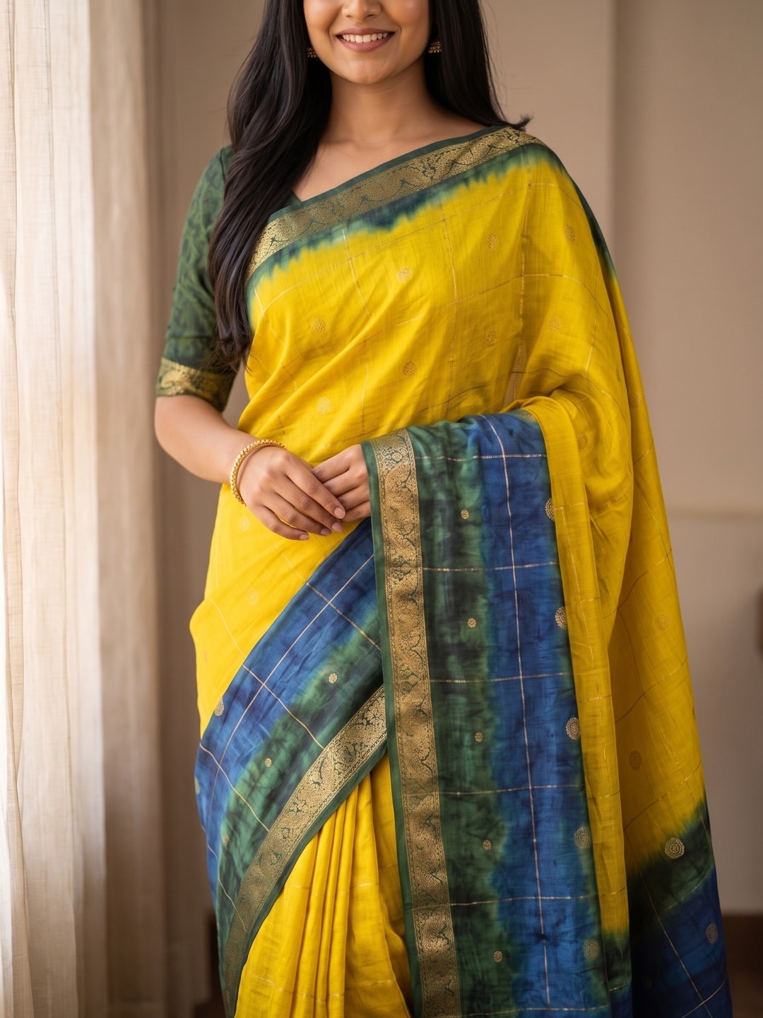 Peachmode Yellow Pure Cotton Silk Saree With Bentex Jacquard And Shiburi Tie-Dye Print - Image 5