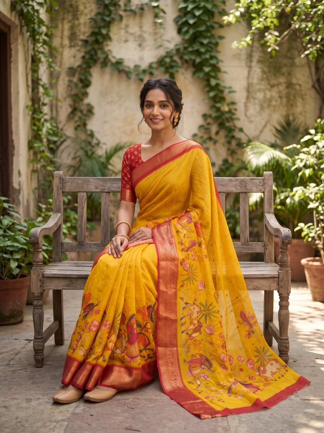 Peachmode Yellow Pure Moss Georgette Silk Saree With Jacquard And Kalamkari Zari Floral Print - Image 4