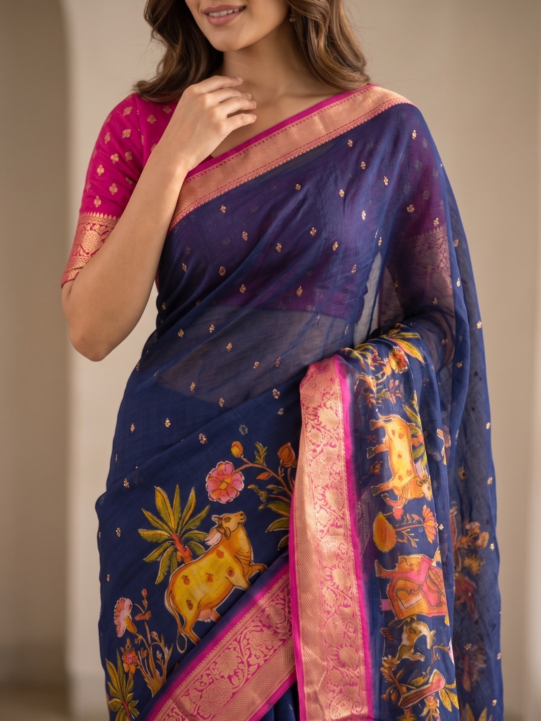 Peachmode Navy Blue Pure Moss Georgette Silk Saree With Jacquard And Kalamkari Zari Floral Print - Image 5
