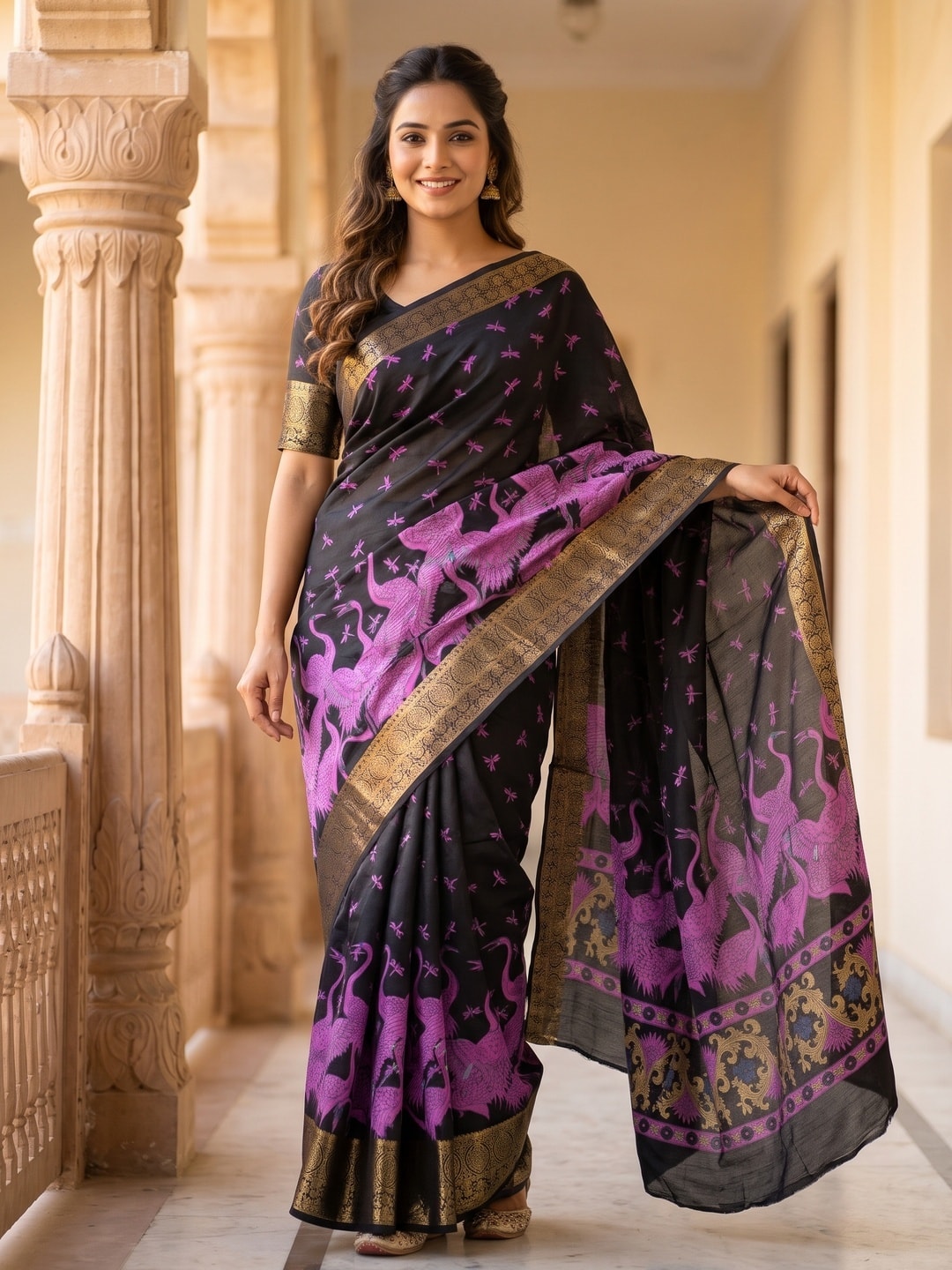 Peachmode Purple Pure Cotton Silk Saree With Ricco Zari Jacquard And Crane Print - Image 1