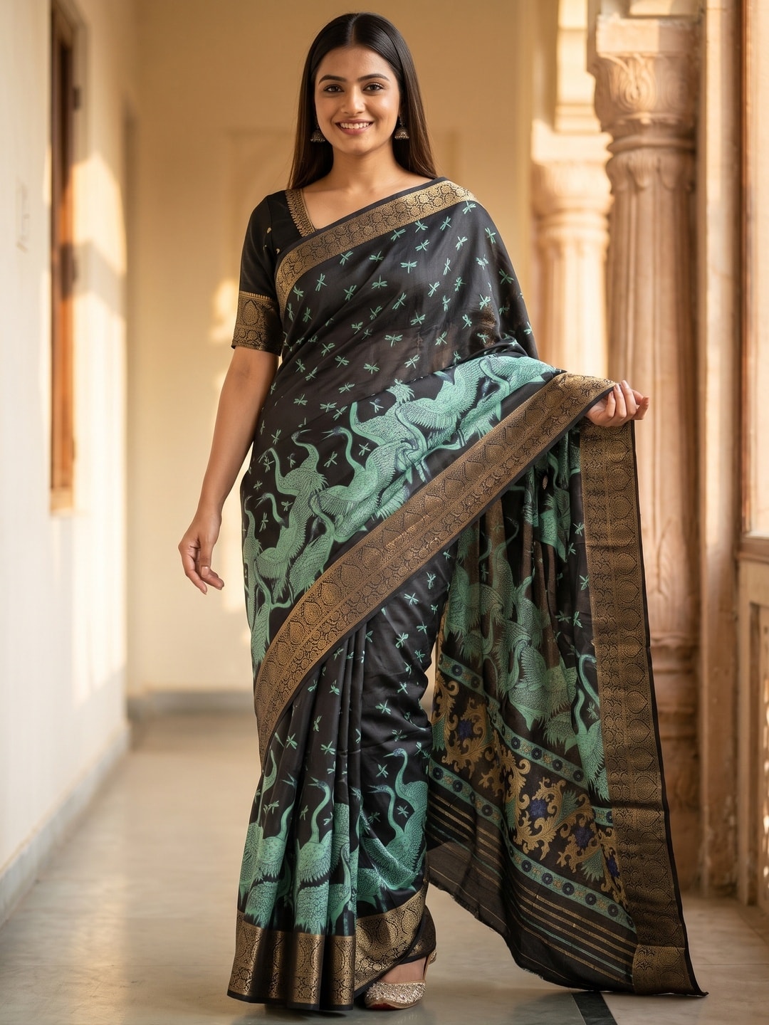 Peachmode Teal Pure Cotton Silk Saree With Ricco Zari Jacquard And Crane Print - Image 1