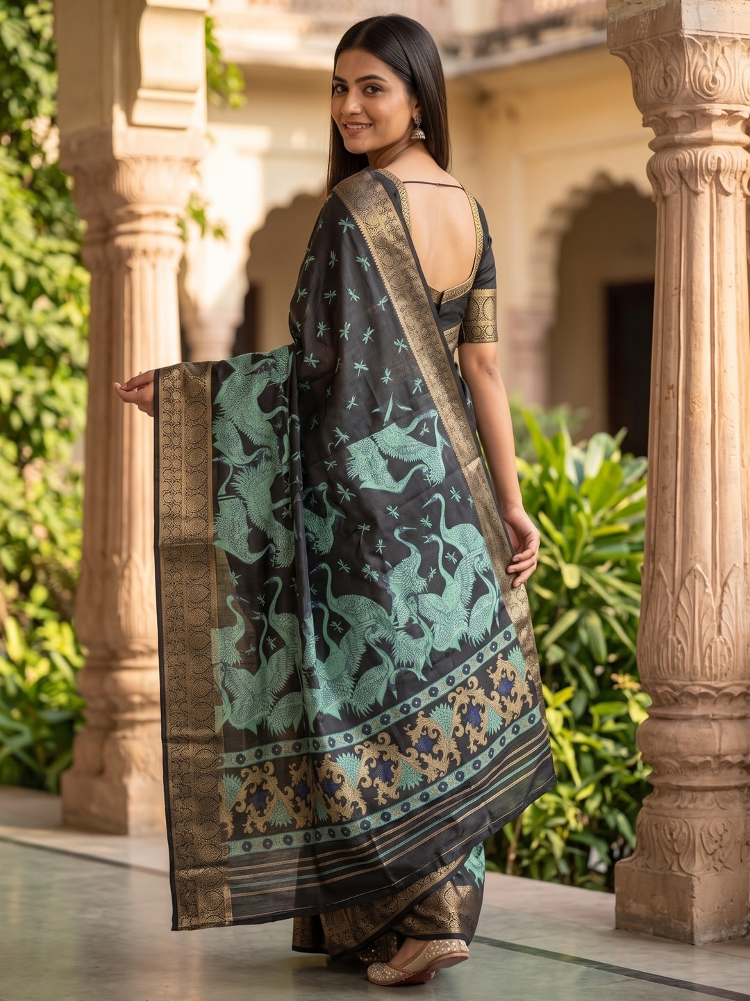 Peachmode Teal Pure Cotton Silk Saree With Ricco Zari Jacquard And Crane Print - Image 2