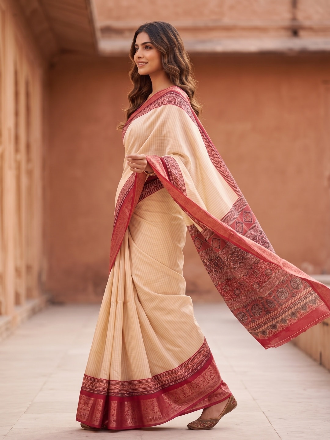 Peachmode Red Pure Cotton Silk Saree With Ricco Zari Jacquard And Chennur Ethnic Print Pallu - Image 3