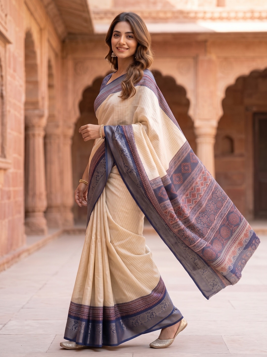 Peachmode Navy Blue Pure Cotton Silk Saree With Ricco Zari Jacquard And Chennur Ethnic Print Pallu - Image 3