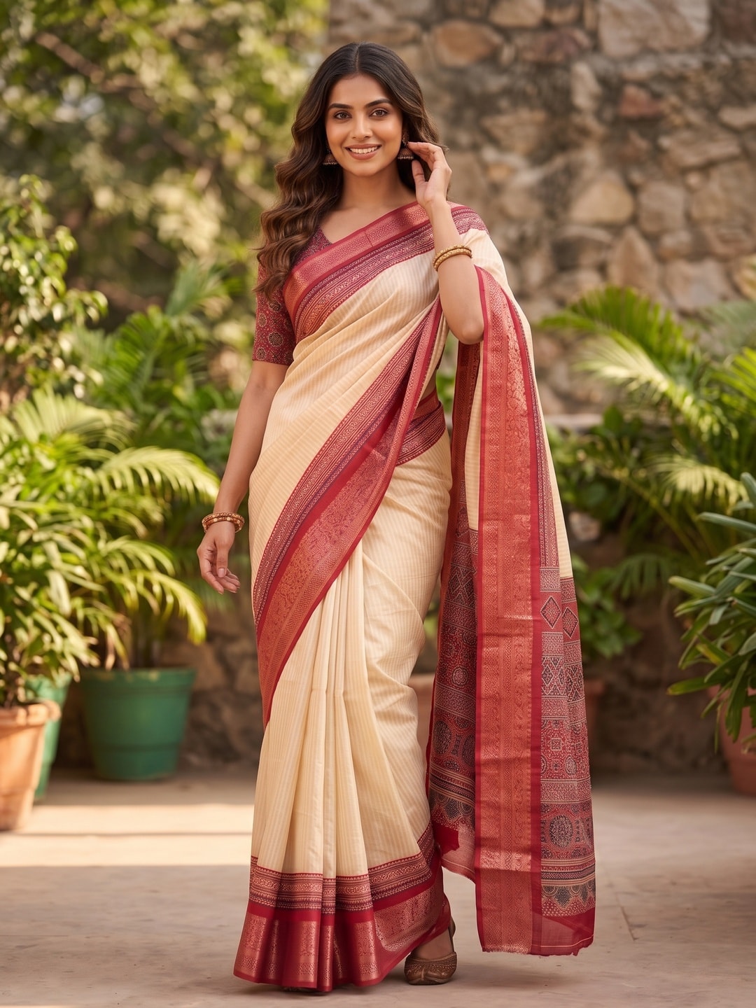 Peachmode Red Pure Cotton Silk Saree With Ricco Zari Jacquard And Chennur Ethnic Print Pallu - Image 4