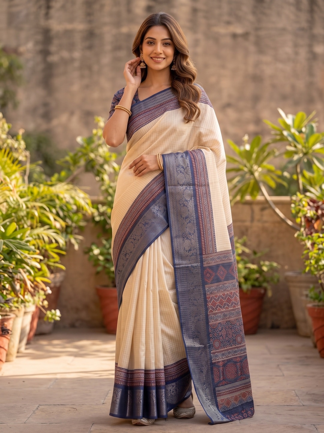 Peachmode Navy Blue Pure Cotton Silk Saree With Ricco Zari Jacquard And Chennur Ethnic Print Pallu - Image 4