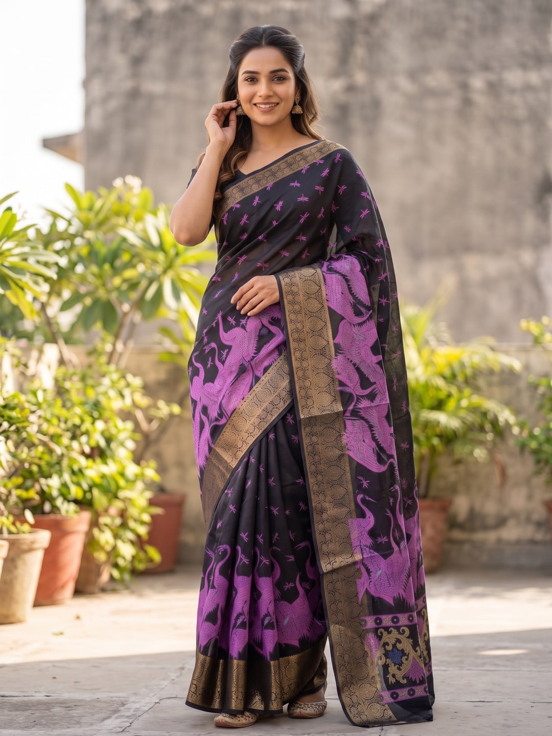 Peachmode Purple Pure Cotton Silk Saree With Ricco Zari Jacquard And Crane Print - Image 4