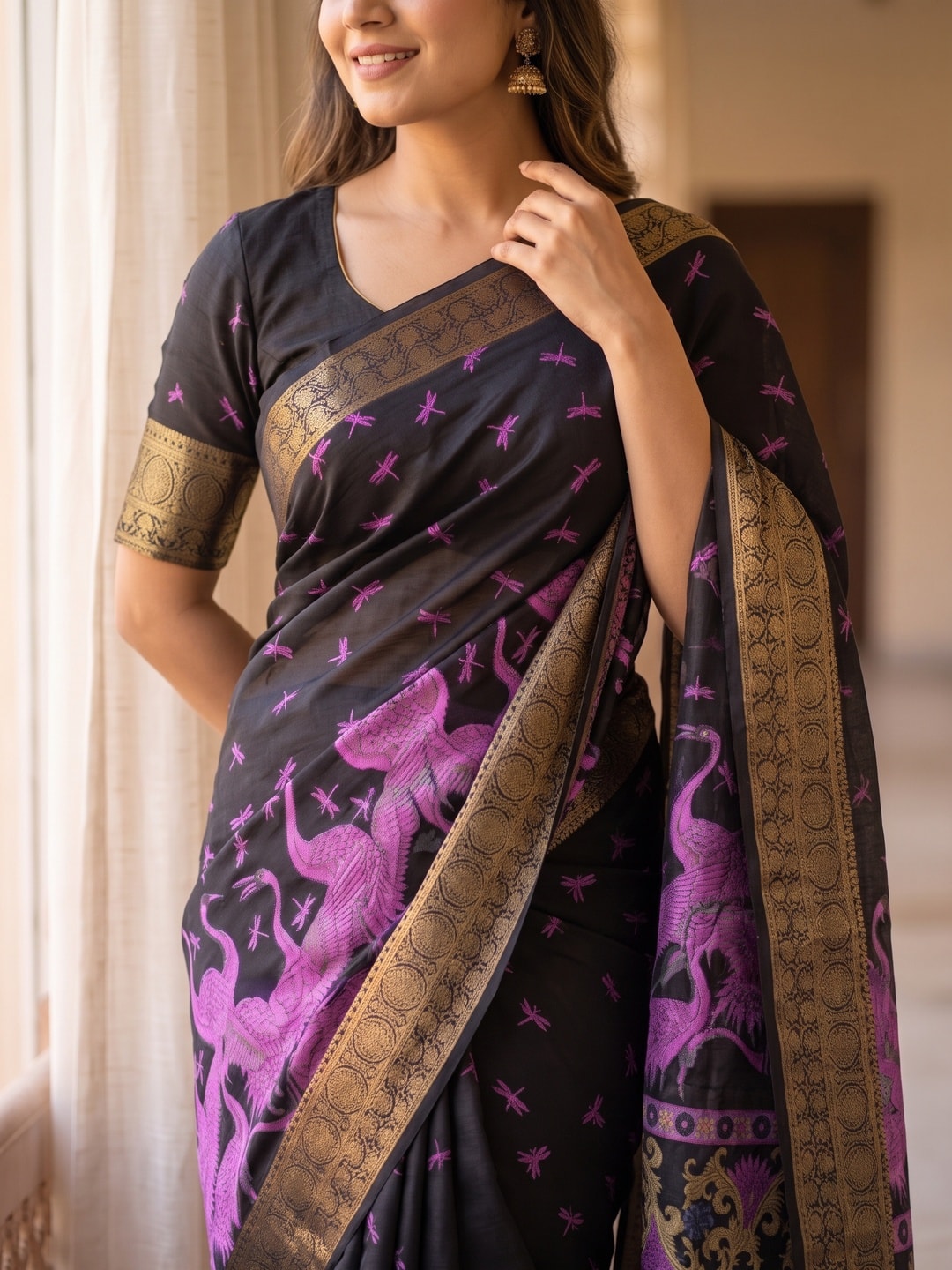 Peachmode Purple Pure Cotton Silk Saree With Ricco Zari Jacquard And Crane Print - Image 5