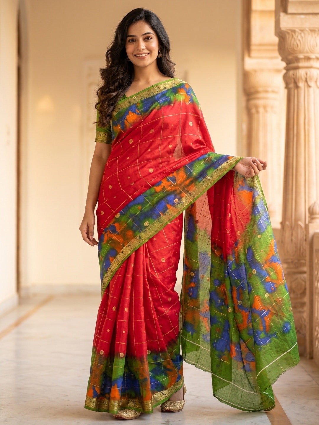 Peachmode Red Pure Cotton Silk Saree With Bentex Jacquard And Shiburi Tie-Dye Print - Image 1