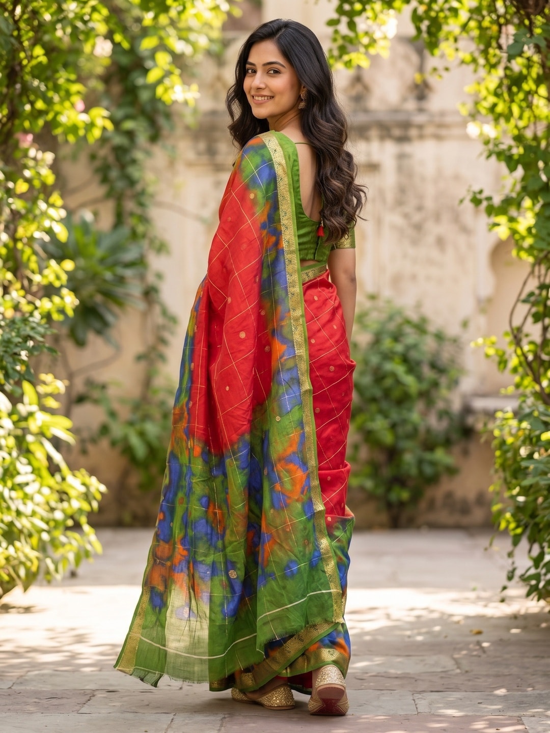 Peachmode Red Pure Cotton Silk Saree With Bentex Jacquard And Shiburi Tie-Dye Print - Image 2