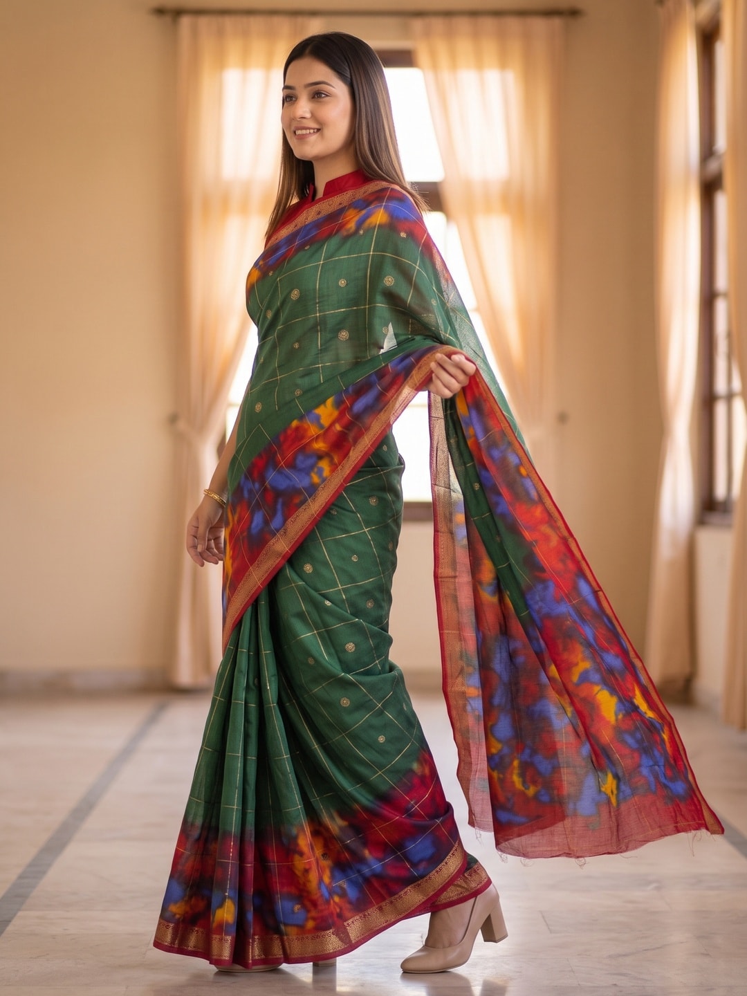 Peachmode Bottle Green Pure Cotton Silk Saree With Bentex Jacquard And Shiburi Tie-Dye Print - Image 3