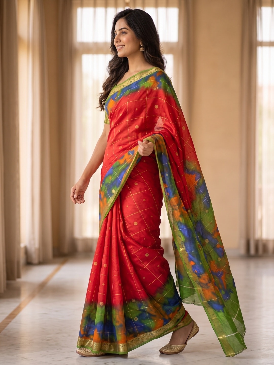 Peachmode Red Pure Cotton Silk Saree With Bentex Jacquard And Shiburi Tie-Dye Print - Image 3