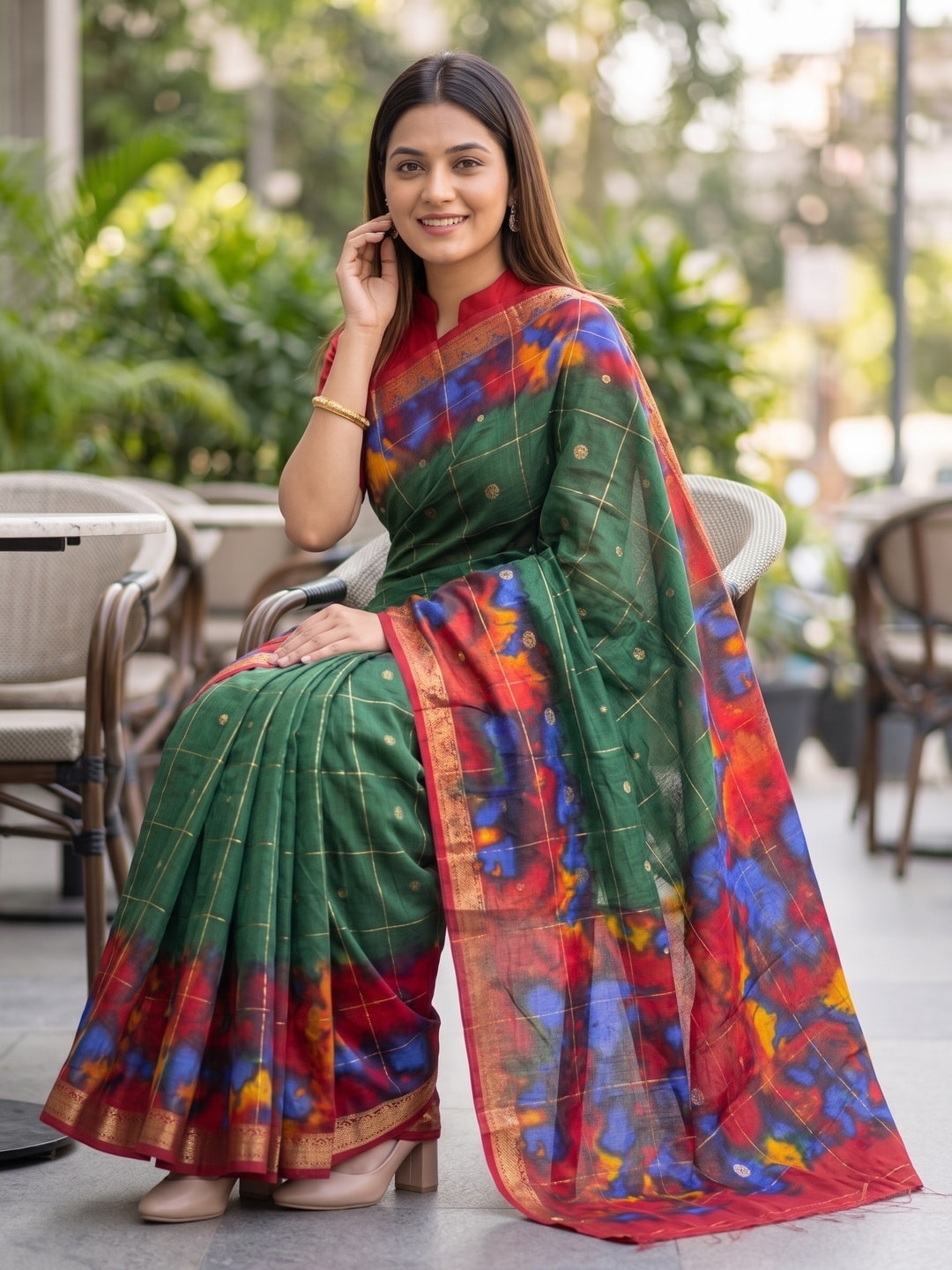 Peachmode Bottle Green Pure Cotton Silk Saree With Bentex Jacquard And Shiburi Tie-Dye Print - Image 4